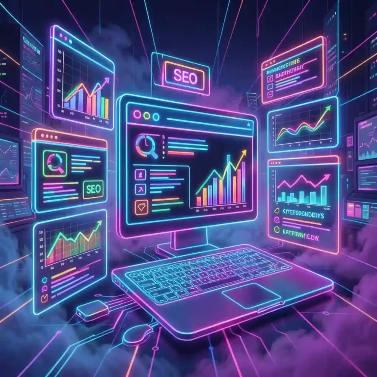 Illustration représentant le SEO avec moteur de recherche, pages web et graphiques