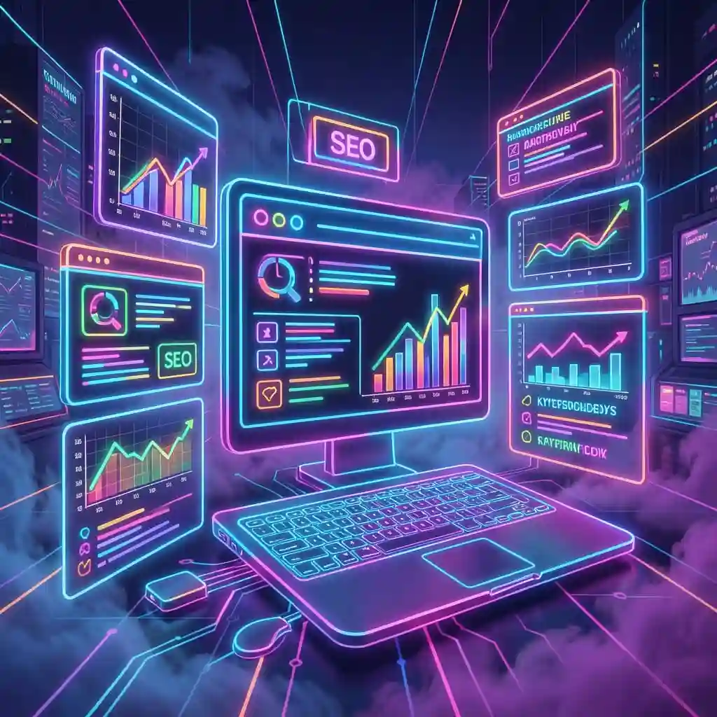 Illustration représentant le SEO avec moteur de recherche, pages web et graphiques