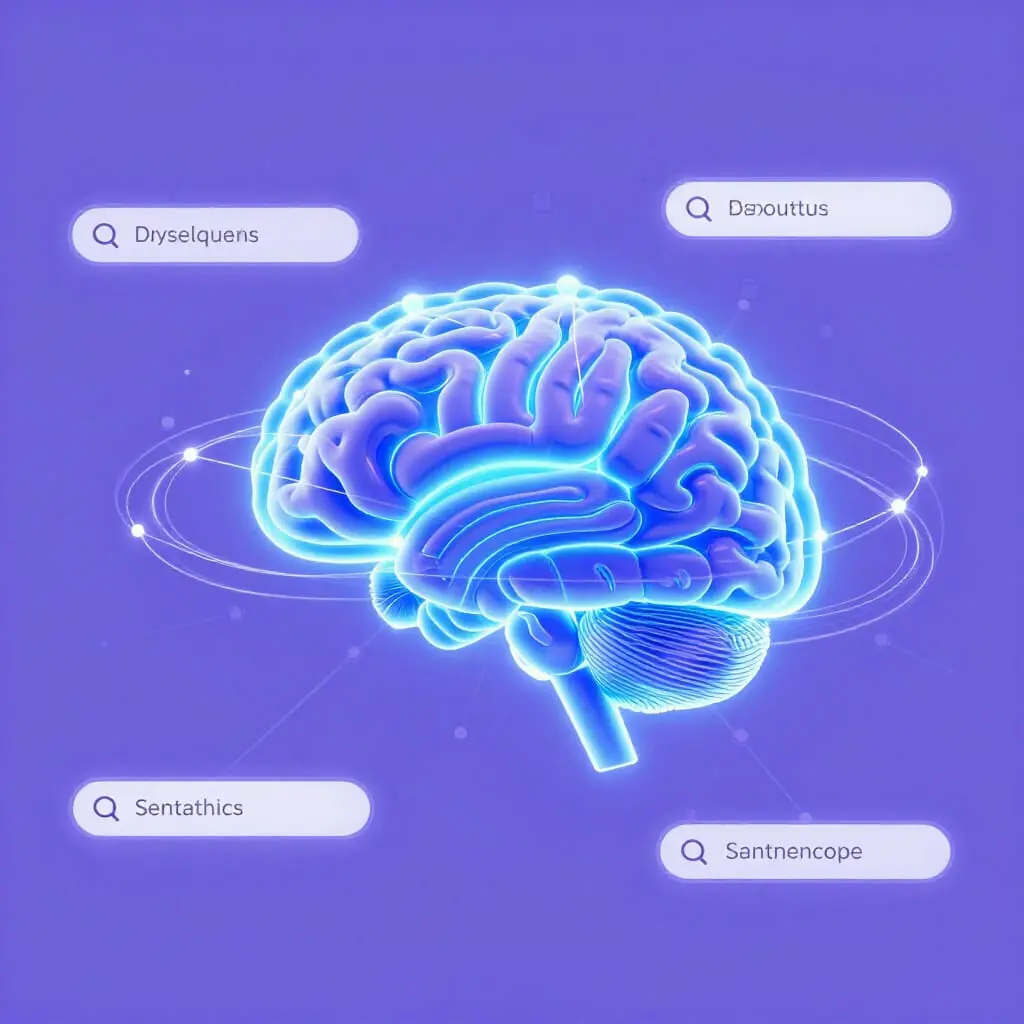 Illustration abstraite représentant un système intelligent qui comprend le sens et le contexte des requêtes plutôt que les mots exacts, sans aucun texte visible.