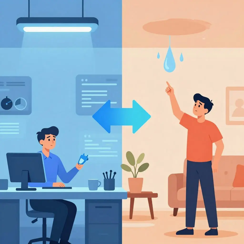 Illustration conceptuelle montrant la différence entre le langage technique d’un professionnel et la compréhension d’un client face à un problème domestique, sans aucun texte.