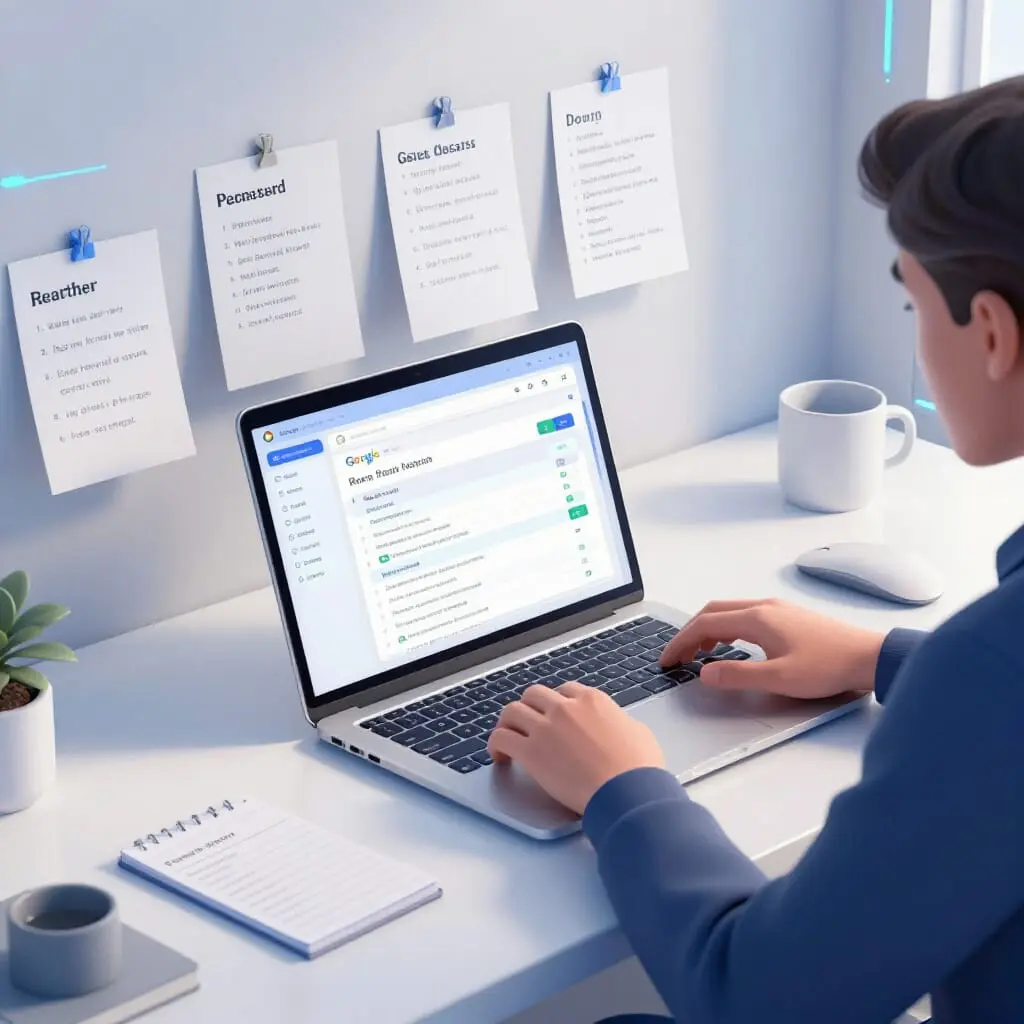 Professionnel travaillant sur une recherche de mots-clés SEO sur ordinateur avec analyse des résultats Google et stratégie marketing digitale