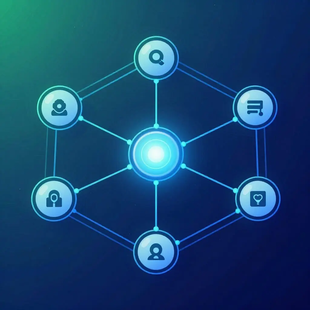 Illustration conceptuelle d’une structure en réseau montrant un sujet central relié à plusieurs contenus satellites représentant une organisation en clusters SEO.