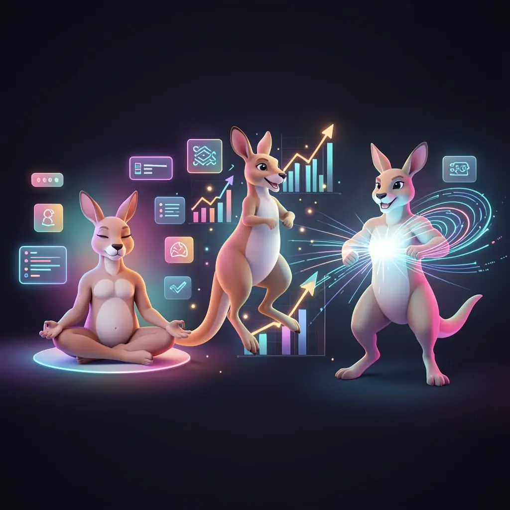 Illustration de trois kangourous représentant des niveaux de services web : sérénité, croissance et performance, dans un style moderne et digital.