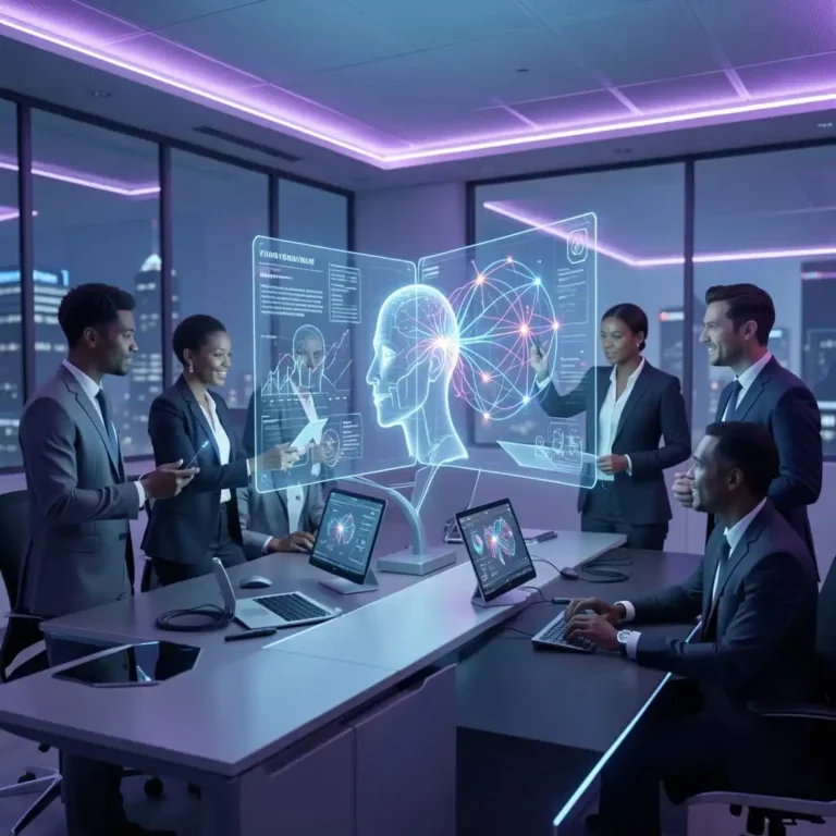 Illustration d’une équipe en entreprise analysant une interface d’intelligence artificielle holographique futuriste.