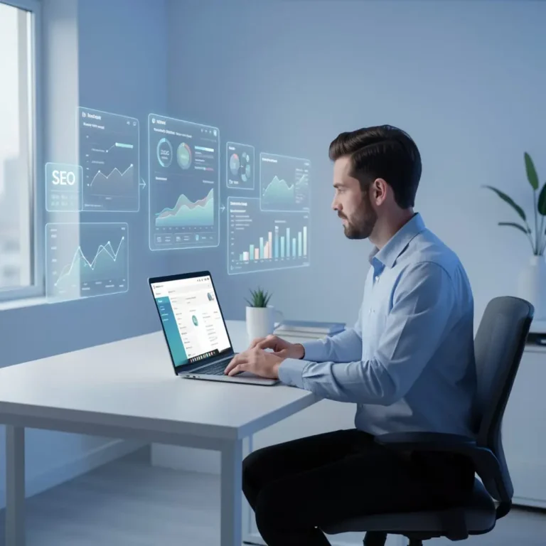 Rédaction d’articles SEO assistée par intelligence artificielle sur un ordinateur portable.