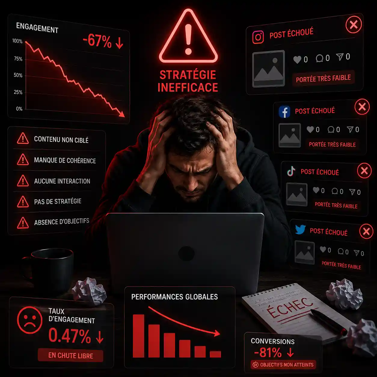 Illustration des erreurs courantes à éviter sur les réseaux sociaux.