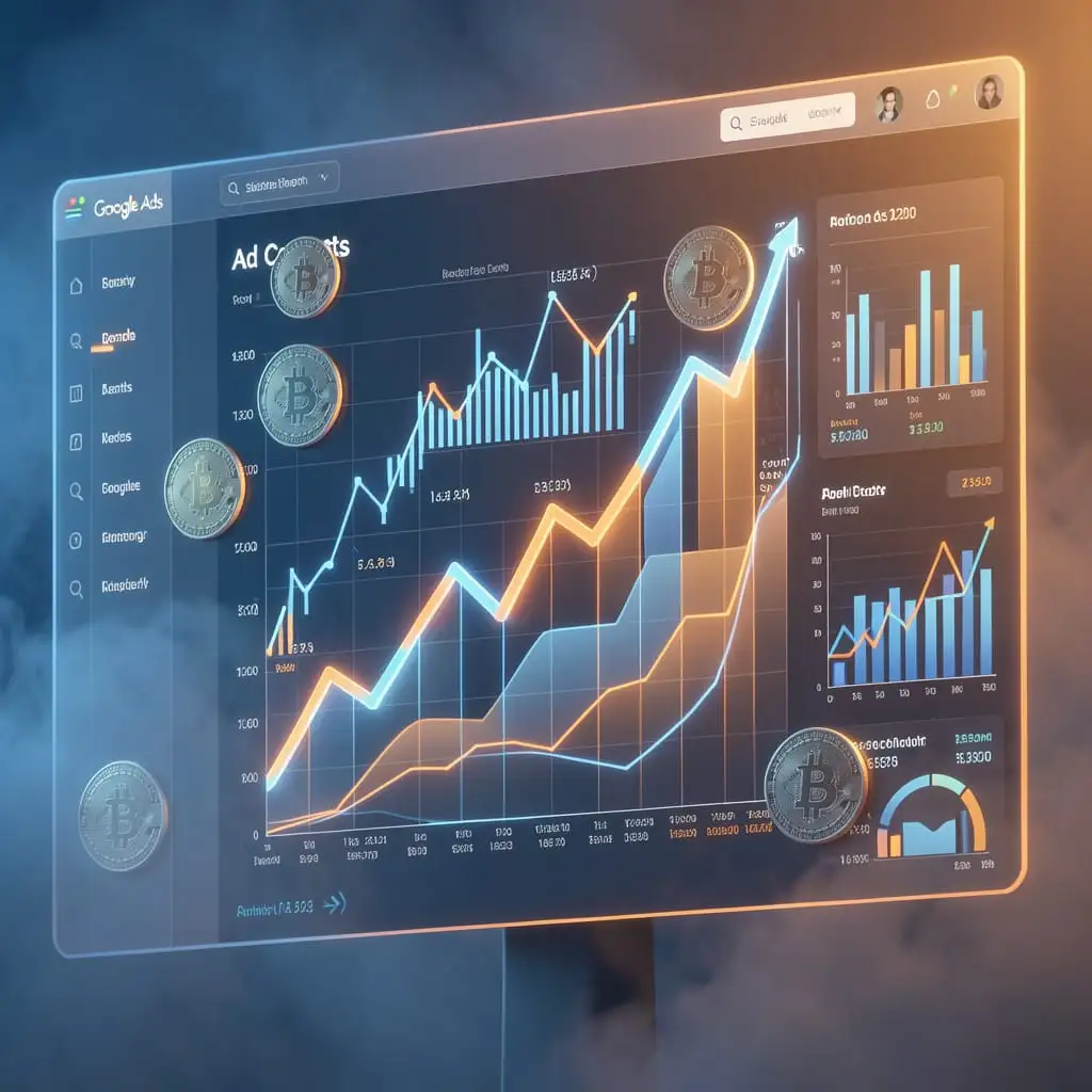 Visualisation des coûts d’une campagne Google Ads avec graphiques financiers futuristes.