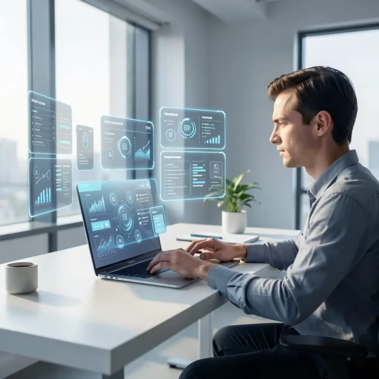 Illustration d’un espace de travail moderne montrant des outils d’intelligence artificielle pour améliorer la productivité quotidienne.