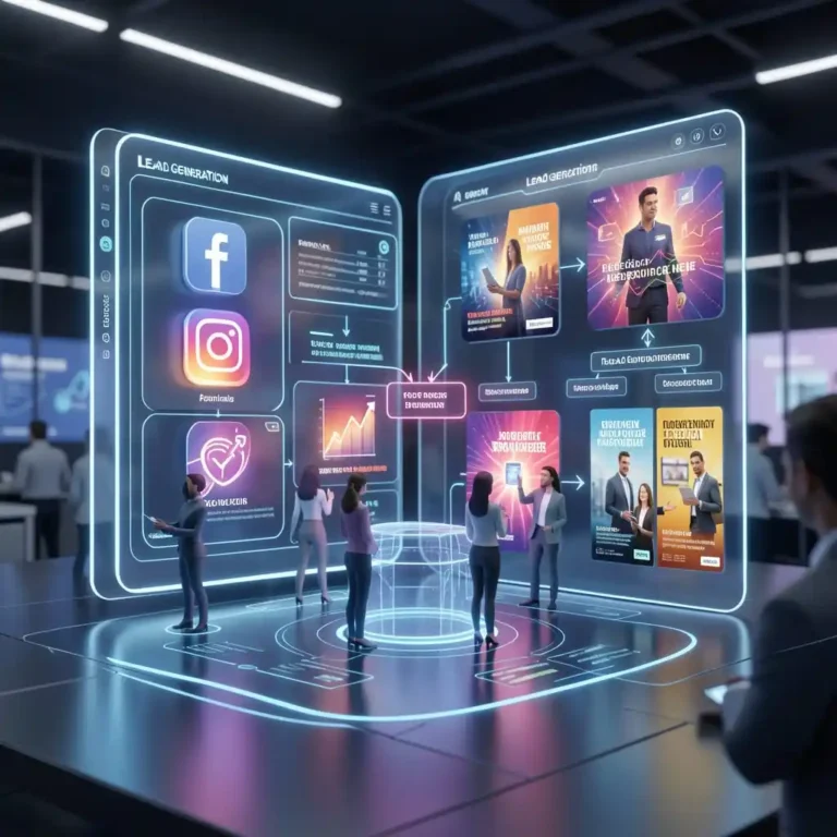 Illustration de la génération de prospects via Meta Ads sur Facebook et Instagram.