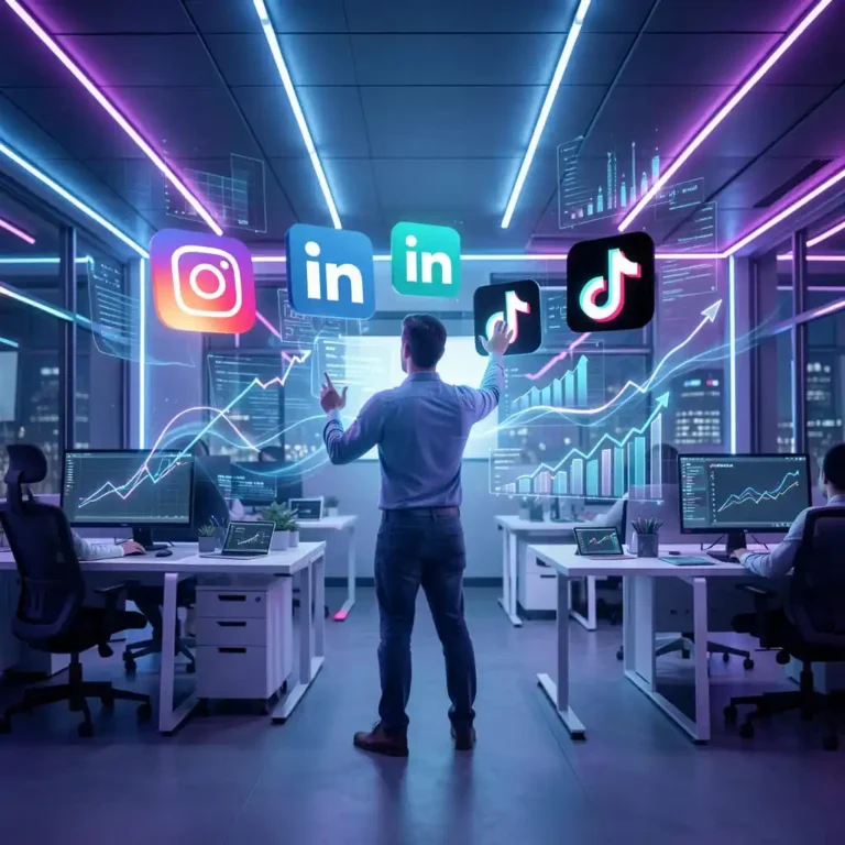 Illustration d’une stratégie de croissance sur les réseaux sociaux avec icônes et graphiques en hausse.