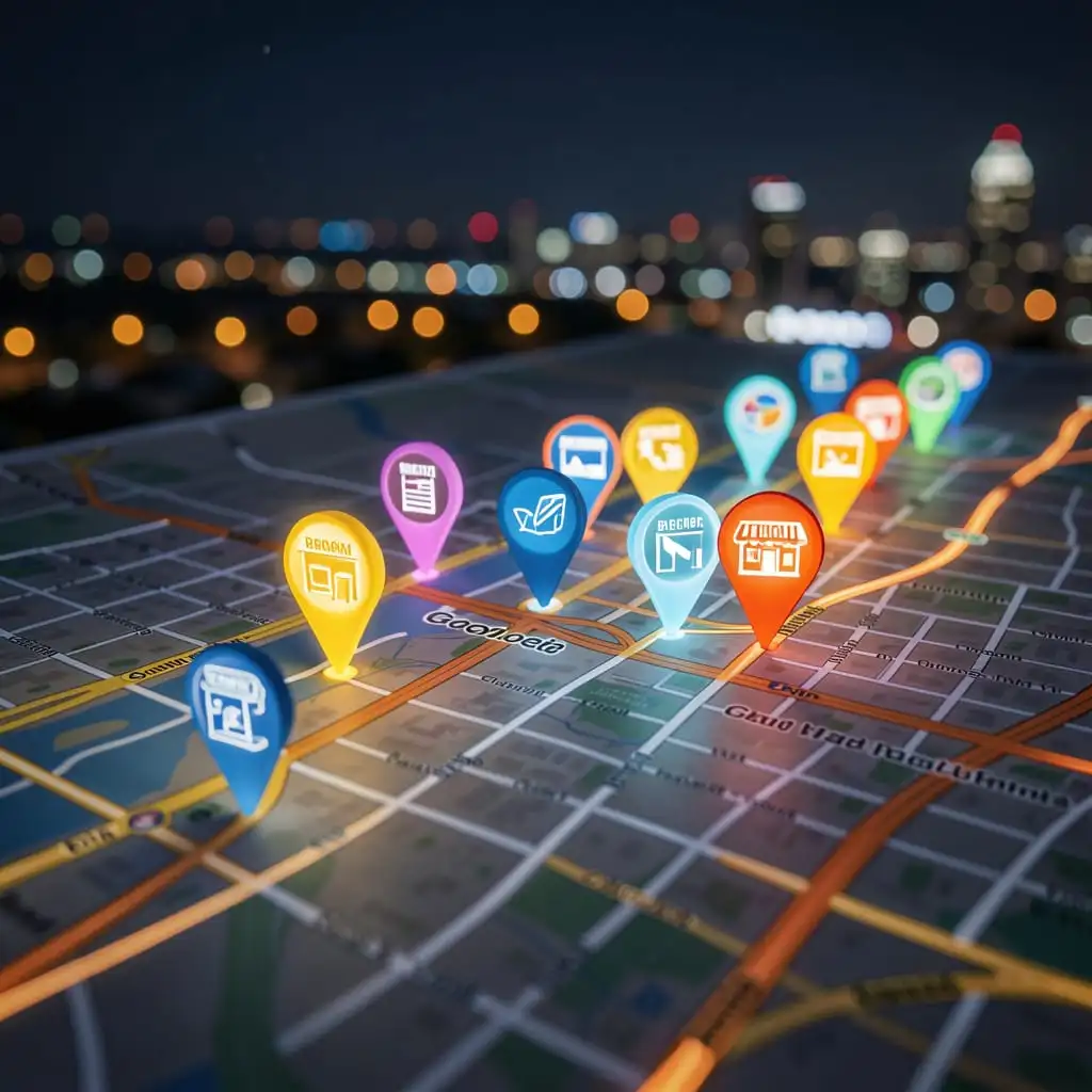 Illustration du SEO local avec carte Google Maps et positionnement d’entreprises locales