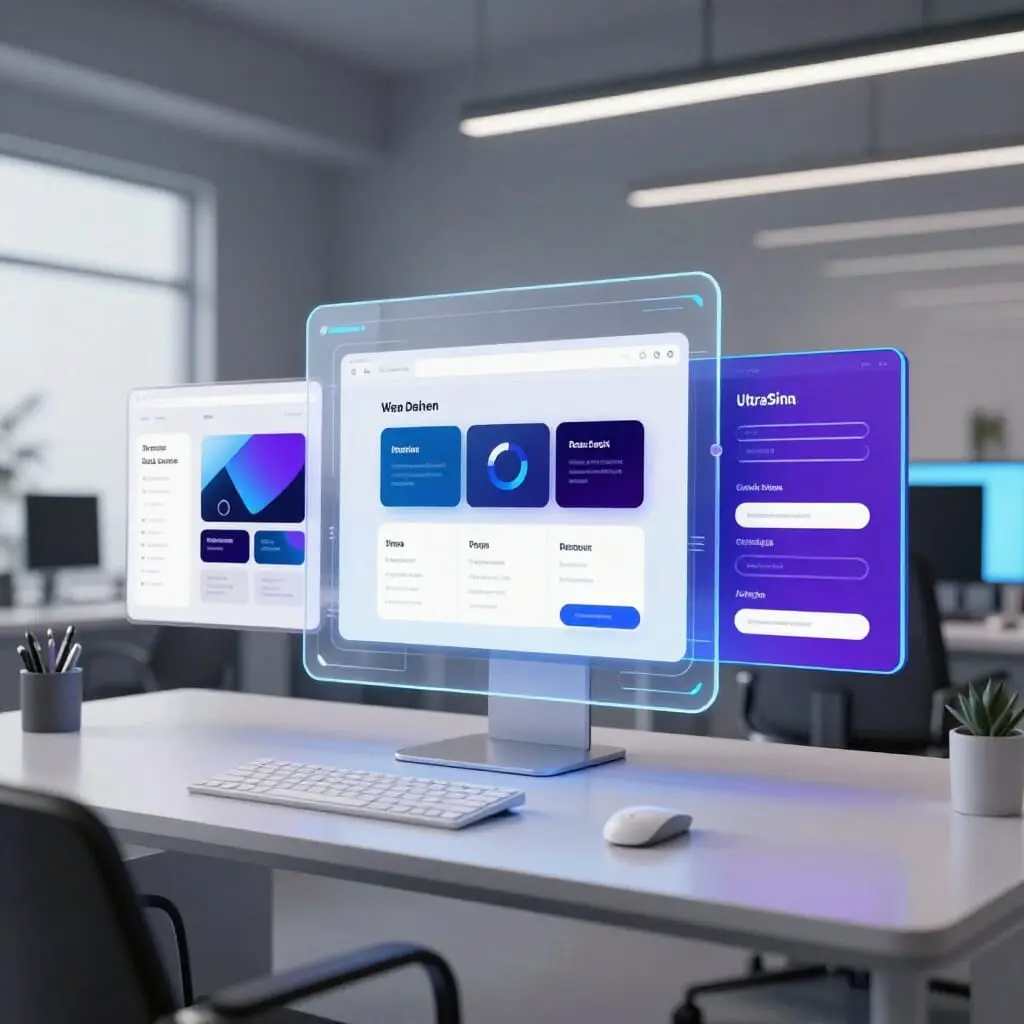 Les tendances du webdesign en 2026 illustrées par une interface moderne et futuriste.